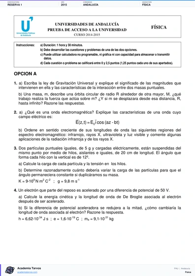 Vista previa de Examen PAU de Física de Andalucía 2015 – Reserva 1