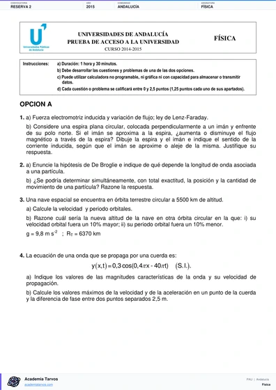 Vista previa de Examen PAU de Física de Andalucía 2015 – Reserva 2