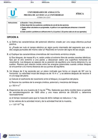 Vista previa de Examen PAU de Física de Andalucía 2015 – Reserva 4