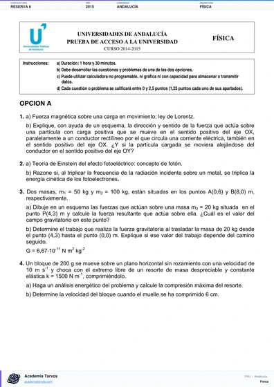 Vista previa de Examen PAU de Física de Andalucía 2015 – Reserva 6