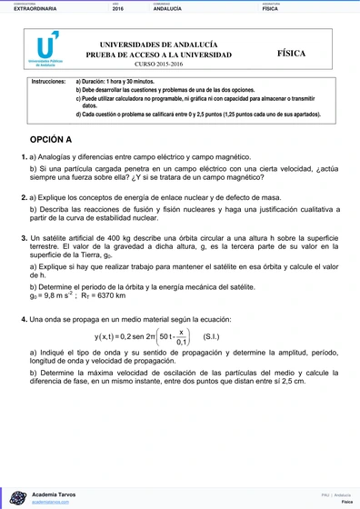 Vista previa de Examen PAU de Física de Andalucía 2016 – Extraordinaria