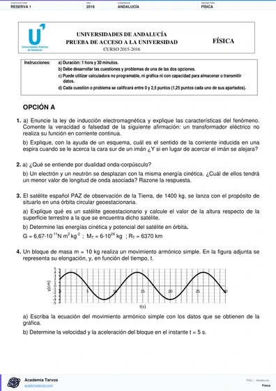 Vista previa de Examen PAU de Física de Andalucía 2016 – Reserva 1