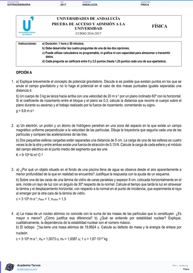 Vista previa de Examen PAU de Física de Andalucía 2017 – Extraordinaria