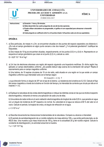Vista previa de Examen PAU de Física de Andalucía 2017 – Ordinaria