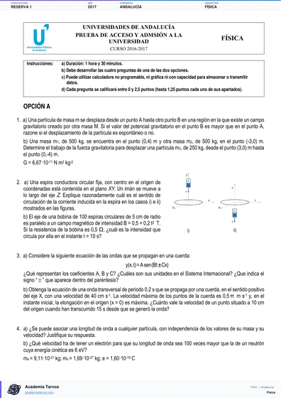 Vista previa de Examen PAU de Física de Andalucía 2017 – Reserva 1