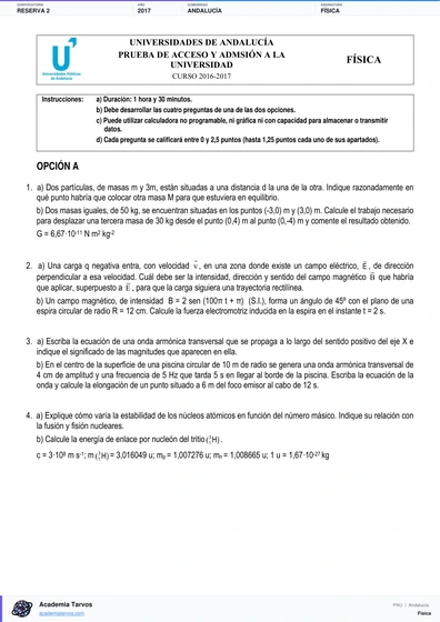 Vista previa de Examen PAU de Física de Andalucía 2017 – Reserva 2