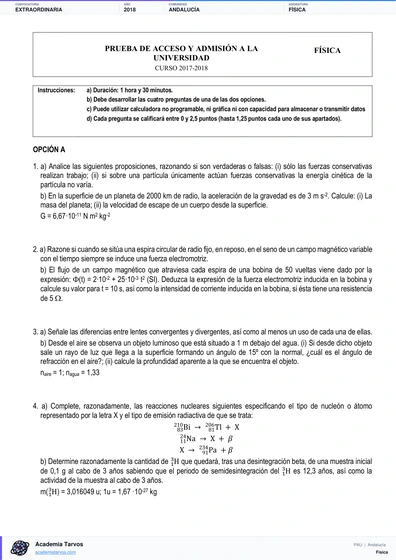 Vista previa de Examen PAU de Física de Andalucía 2018 – Extraordinaria