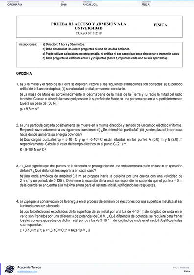 Vista previa de Examen PAU de Física de Andalucía 2018 – Ordinaria