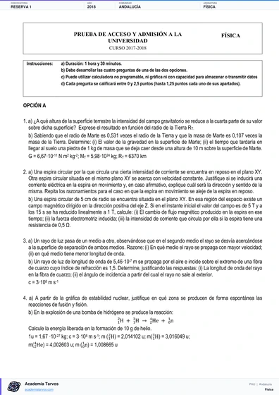 Vista previa de Examen PAU de Física de Andalucía 2018 – Reserva 1