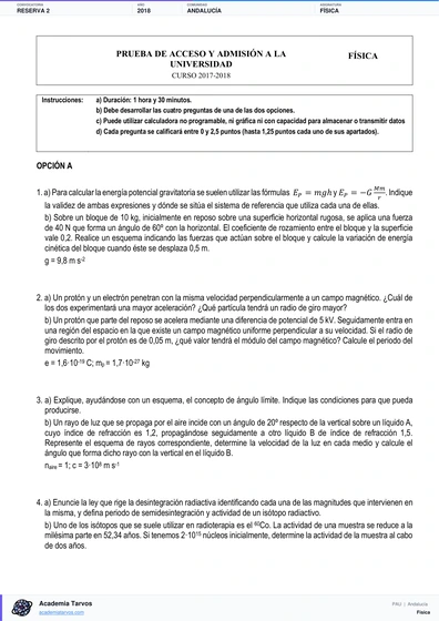 Vista previa de Examen PAU de Física de Andalucía 2018 – Reserva 2