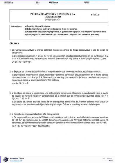 Vista previa de Examen PAU de Física de Andalucía 2018 – Reserva 3