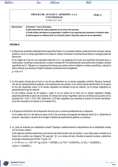 Vista previa de Examen PAU de Física de Andalucía 2018 – Reserva 4