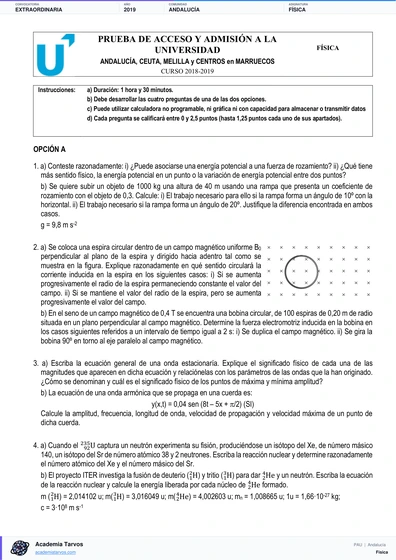 Vista previa de Examen PAU de Física de Andalucía 2019 – Extraordinaria