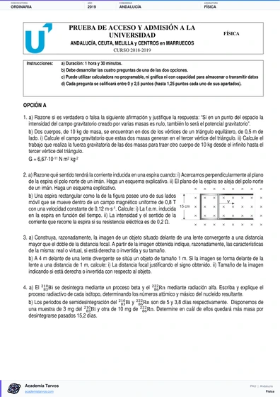 Vista previa de Examen PAU de Física de Andalucía 2019 – Ordinaria