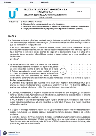 Vista previa de Examen PAU de Física de Andalucía 2019 – Reserva 1