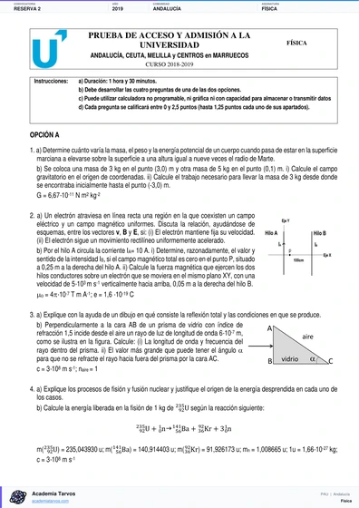 Vista previa de Examen PAU de Física de Andalucía 2019 – Reserva 2