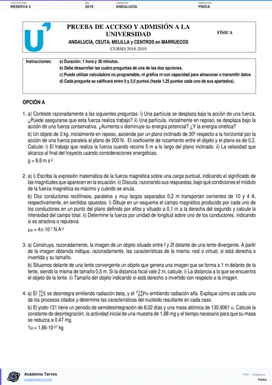 Vista previa de Examen PAU de Física de Andalucía 2019 – Reserva 4