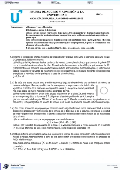 Vista previa de Examen PAU de Física de Andalucía 2020 – Extraordinaria