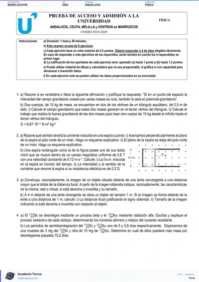 Vista previa de Modelo PAU de Física de Andalucía 2020 – Modelo COVID