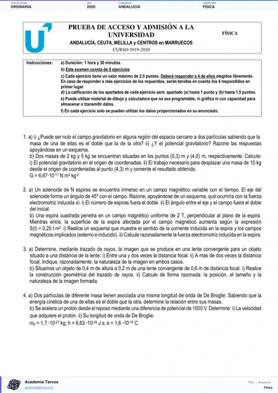 Vista previa de Examen PAU de Física de Andalucía 2020 – Ordinaria