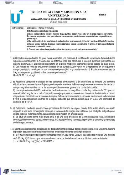 Vista previa de Examen PAU de Física de Andalucía 2020 – Reserva 1