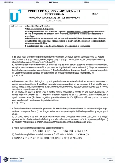 Vista previa de Examen PAU de Física de Andalucía 2020 – Reserva 2