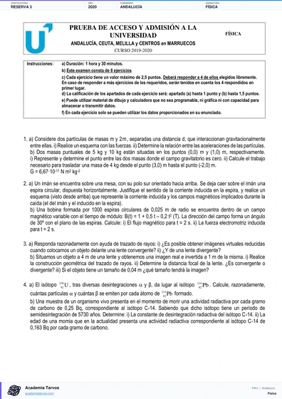 Vista previa de Examen PAU de Física de Andalucía 2020 – Reserva 3
