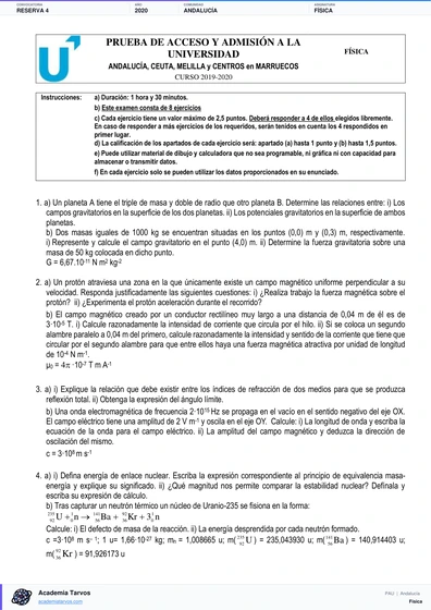 Vista previa de Examen PAU de Física de Andalucía 2020 – Reserva 4