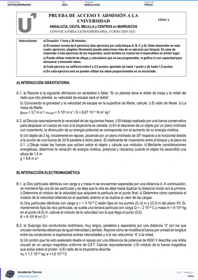 Vista previa de Examen PAU de Física de Andalucía 2021 – Extraordinaria