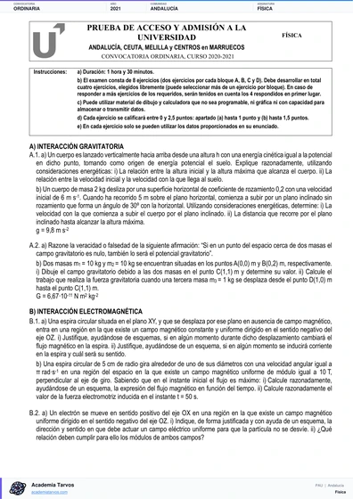 Vista previa de Examen PAU de Física de Andalucía 2021 – Ordinaria