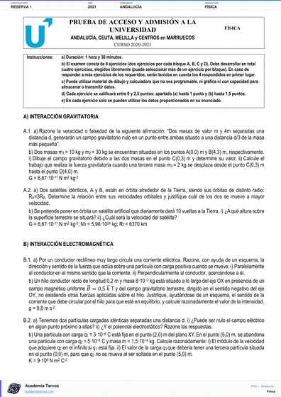 Vista previa de Examen PAU de Física de Andalucía 2021 – Reserva 1