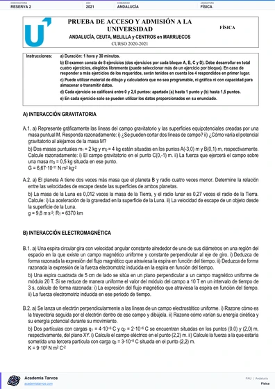Vista previa de Examen PAU de Física de Andalucía 2021 – Reserva 2