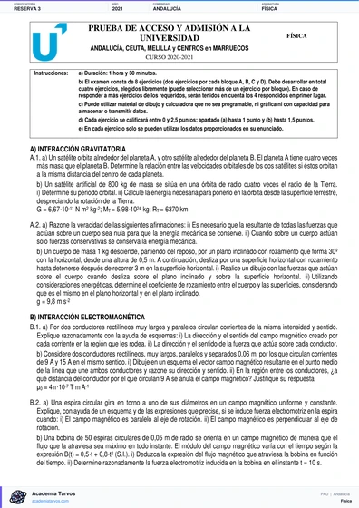 Vista previa de Examen PAU de Física de Andalucía 2021 – Reserva 3