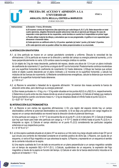 Vista previa de Examen PAU de Física de Andalucía 2021 – Reserva 4