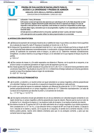 Vista previa de Examen PAU de Física de Andalucía 2022 – Extraordinaria