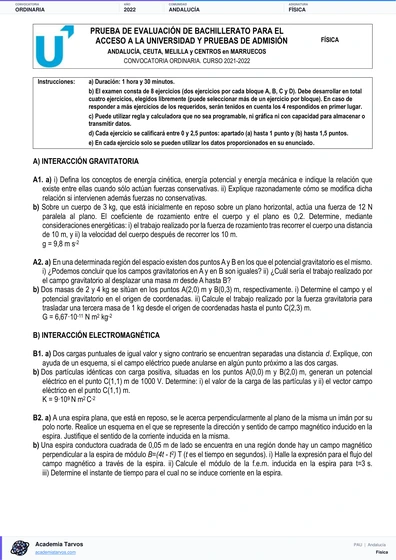 Vista previa de Examen PAU de Física de Andalucía 2022 – Ordinaria