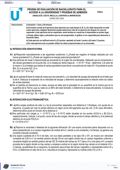 Vista previa de Examen PAU de Física de Andalucía 2022 – Reserva 1