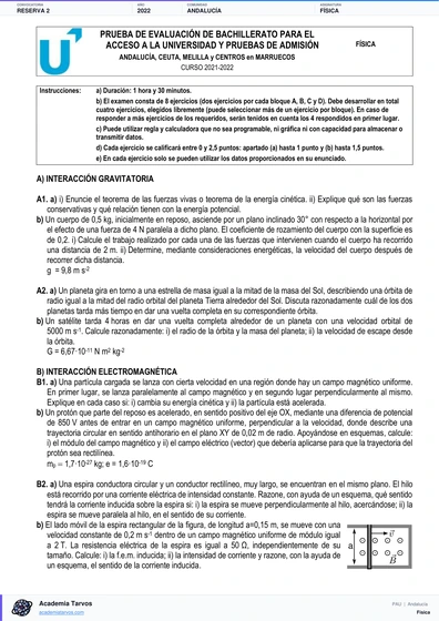 Vista previa de Examen PAU de Física de Andalucía 2022 – Reserva 2