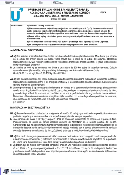 Vista previa de Examen PAU de Física de Andalucía 2022 – Reserva 3
