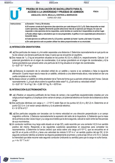 Vista previa de Examen PAU de Física de Andalucía 2022 – Reserva 4