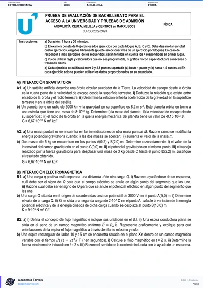 Vista previa de Examen PAU de Física de Andalucía 2023 – Extraordinaria