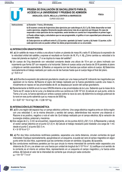 Vista previa de Examen PAU de Física de Andalucía 2023 – Ordinaria