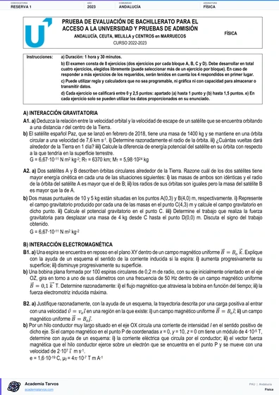 Vista previa de Examen PAU de Física de Andalucía 2023 – Reserva 1