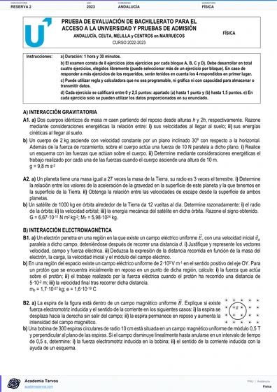 Vista previa de Examen PAU de Física de Andalucía 2023 – Reserva 2