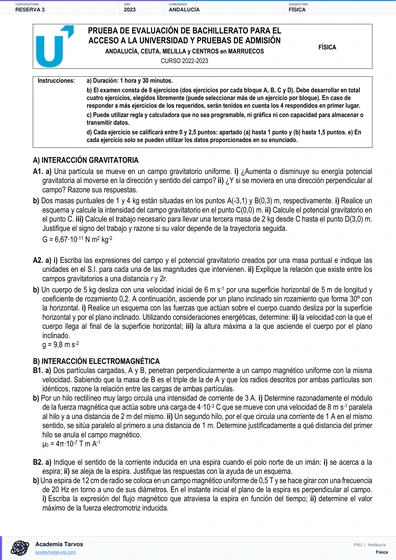 Vista previa de Examen PAU de Física de Andalucía 2023 – Reserva 3