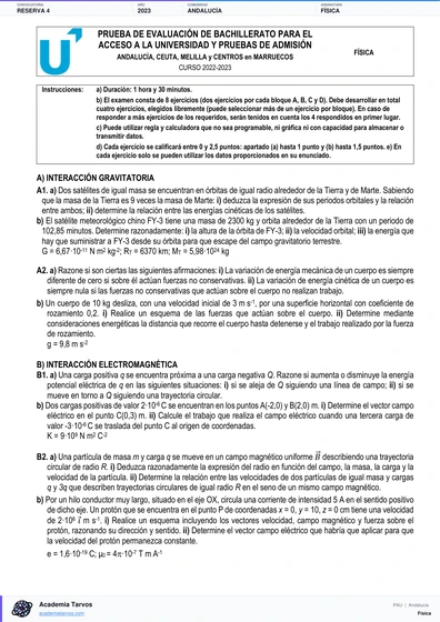 Vista previa de Examen PAU de Física de Andalucía 2023 – Reserva 4