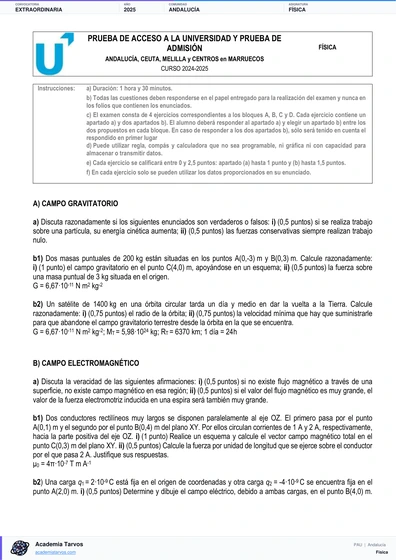 Vista previa de Examen PAU de Física de Andalucía 2025 – Extraordinaria