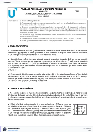 Vista previa de Examen PAU de Física de Andalucía 2025 – Ordinaria
