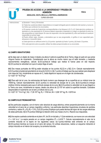Vista previa de Examen PAU de Física de Andalucía 2025 – Reserva 1