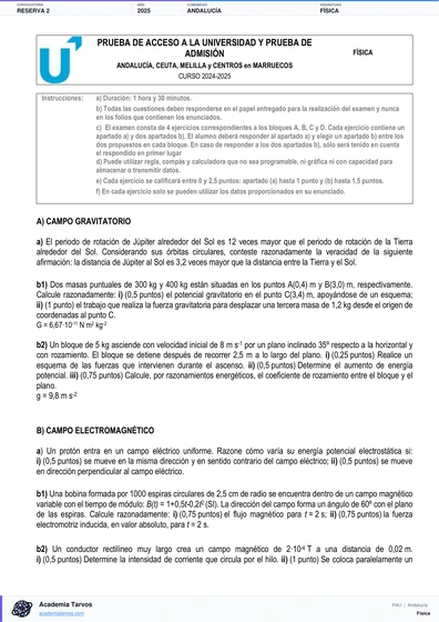 Vista previa de Examen PAU de Física de Andalucía 2025 – Reserva 2